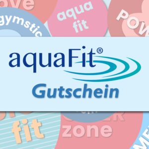 Bild zeigt den Aqua Fit Gutschein mit blauer Schrift und Wasserwellen-Design, ideal als Geschenk für Wasserfitness-Liebhaber und Gesundheitsbewusste.