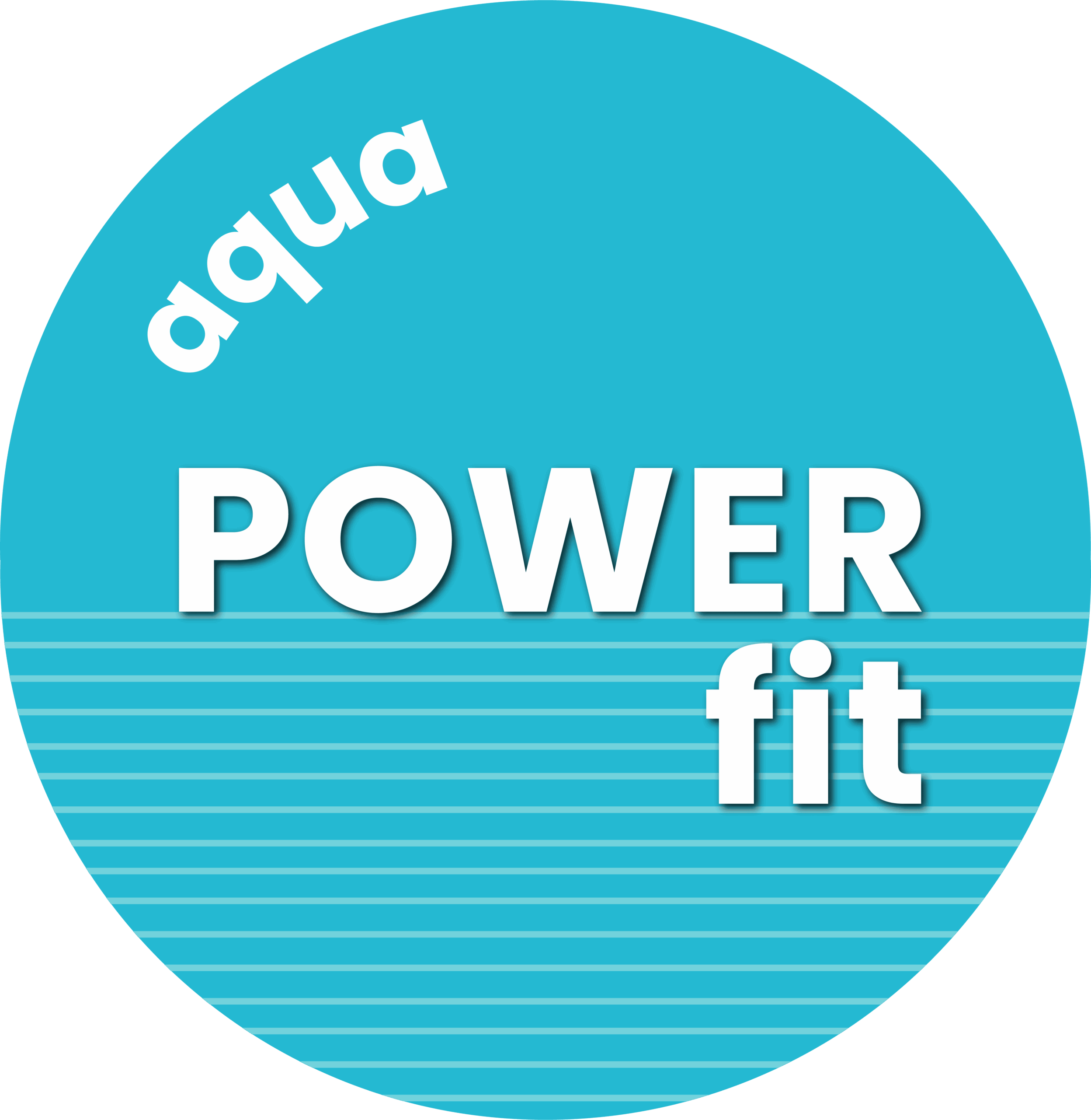 Innovatives Aqua Fit-Logo mit blauer Wasserwelle und Power-Text für Wasserfitness, Aquasport und Gesundheitstraining im Wasser. Perfektes Symbol für Wassersport-Liebhaber.