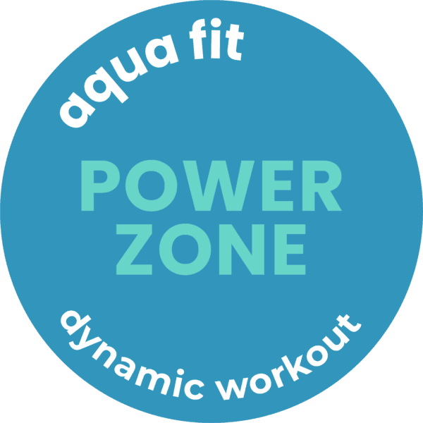 Aqua Fit POWER ZONE Logo mit dynamischem Wasser-Workout, ideal für Fitness und Gesundheit im Wasser.