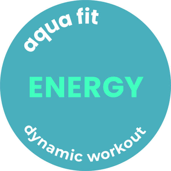 Aqua Fit Energie Logo mit dynamischem Wasser-Workout, ideal für Fitness und Gesundheit im Wasser.