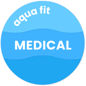 Aqua Fit Medical Logo mit blauer Wasserwelle und weißem Text, ideal für Wassertherapie und Aquafitness-Angebote.