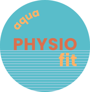Aqua Fit Logo mit blauer Wasserlinie und Text in Orange und Hellblau für AQUA Physio-Fit.